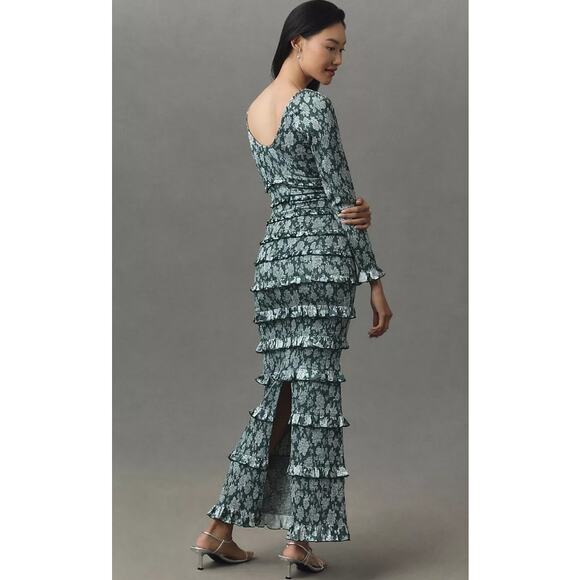 V. Chapman Lanie Maxi Dress Emerald Peony Print Ruffles Wedding Guest Size 2 NEW - Picture 1 of 10